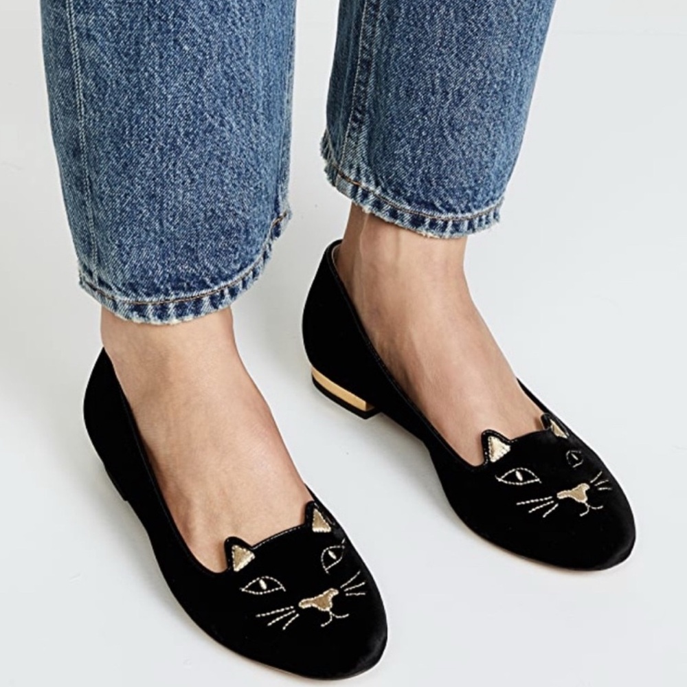 Charlotte Olympia Velvet Ballet Kitty Flats - Size 6/36